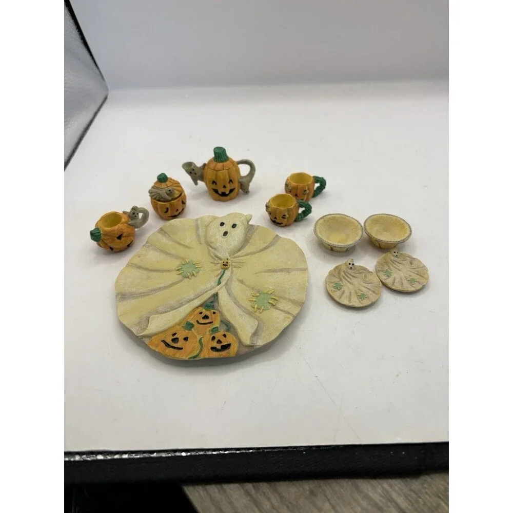 Vintage MINIATURE Decorative Halloween Jack O Lantern JOL & Ghost Tea Set